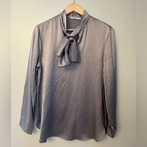MM. Lafleur Satin Blouse in Dove Purple Tie Neck 100 percent Silk M Classic chic
